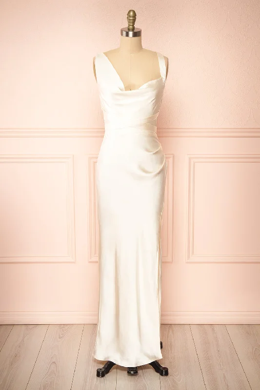 Aminata | Ivory Satin Maxi Dress w/ Slit Casual Maxi Dress with Pockets
