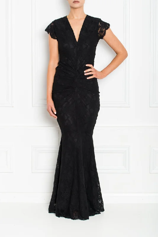 ARIANNA BLACK LACE WITH CAP SLEEVES & FISHTAIL MAXI DRESS Stylish V-Neck Maxi Dress