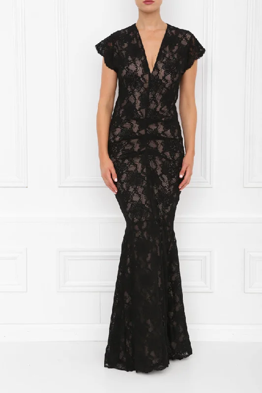 ARIANNA BLACK LACE WITH NUDE UNDERLINE CAP SLEEVES & FISHTAIL MAXI DRESS Elegant Velvet Maxi Dress ARIANNA BLACK LACE WITH NUDE UNDERLINE CAP SLEEVES & FISHTAIL MAXI DRESS Elegant Velvet Maxi Dress