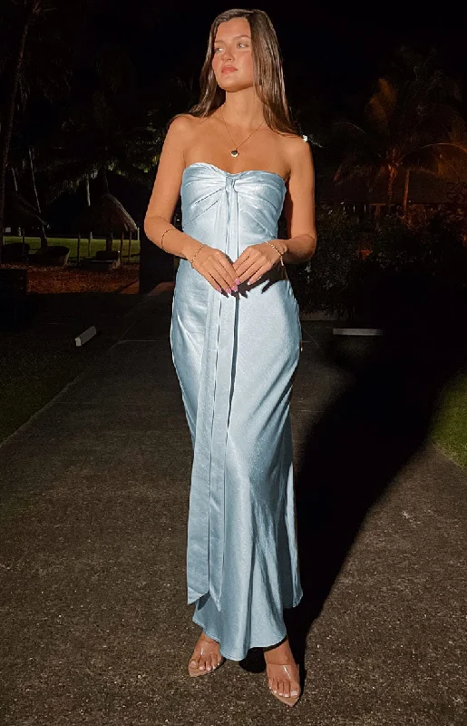 Ariella Blue Satin Strapless Maxi Dress Elegant Maxi Dress with Ruffles