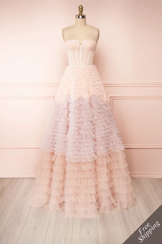 Asako Blush | Bustier Layered Tulle Maxi Dress Trendy Maxi Dress with Straps