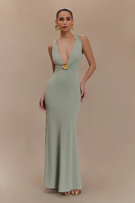 Beck Plunge Maxi Dress With Floral Hardware - Basil Elegant Lace-Up Maxi Dress