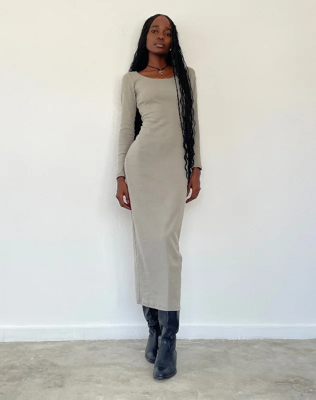 Belila Long Sleeve Maxi Dress in Sage Grey Elegant Maxi Dress with Drapes