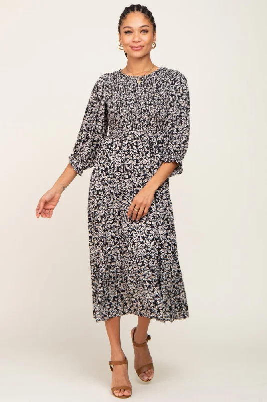 Black Floral Smocked 3/4 Sleeve Midi Dress