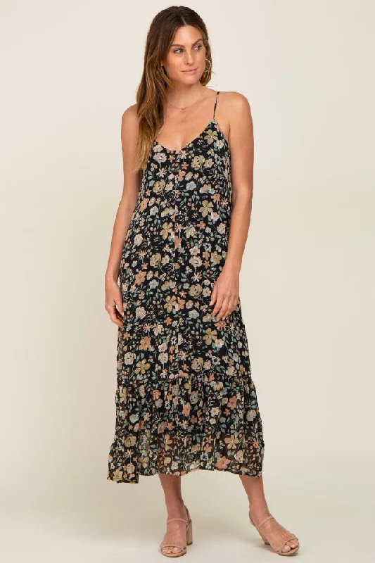 Black Floral Swiss Dot Back Tie Midi Dress