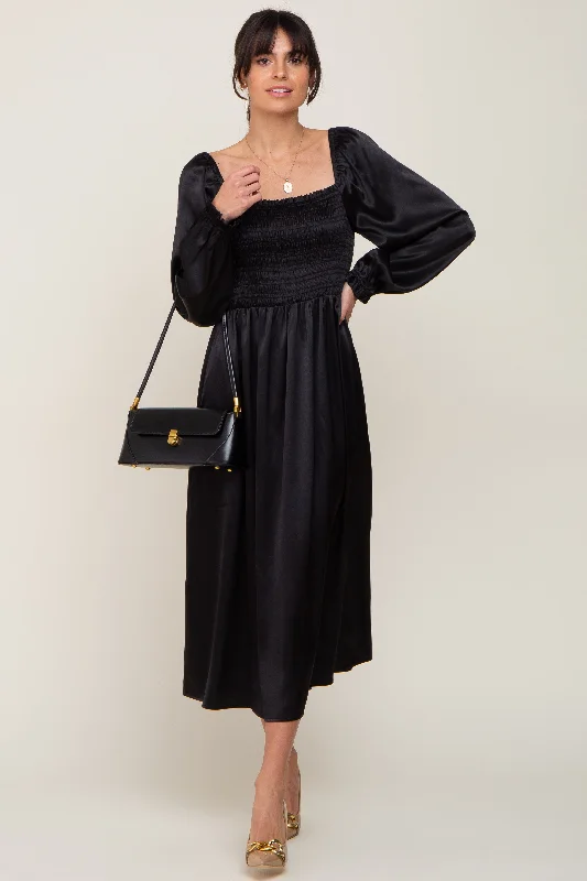 Black Smocked Square Neck Satin Midi Dress