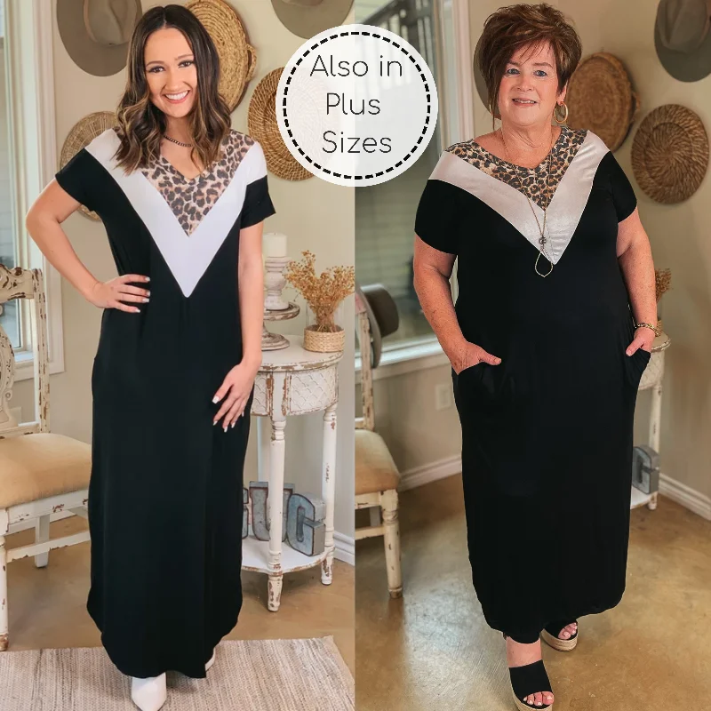 A Wild Time Leopard and Ivory V Neck Accent Maxi Dress in Black Comfortable Maxi Dress with Belt