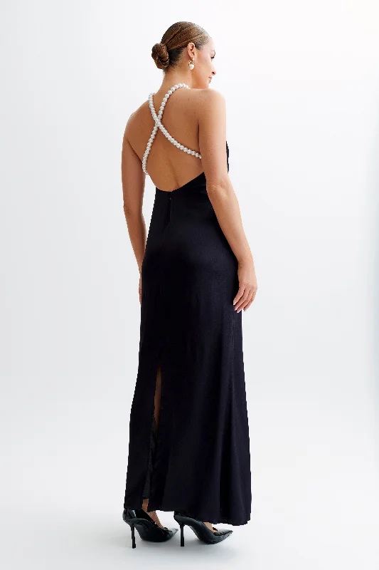 Blanche Satin Pearl Halter Maxi Dress - Black Classic A-Line Maxi Dress
