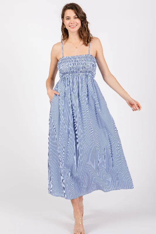 Blue Bartlett Striped Smocked Midi Dress