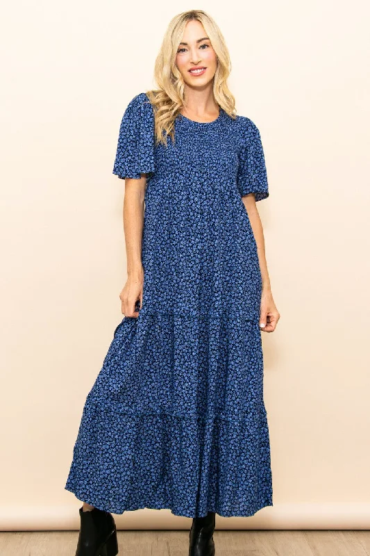 Blue Ditsy Floral Smocked Ruffle Tiered Midi Dress