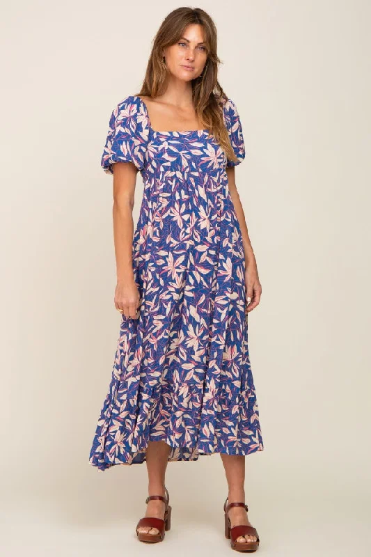 Blue Floral Puff Sleeve Midi Dress