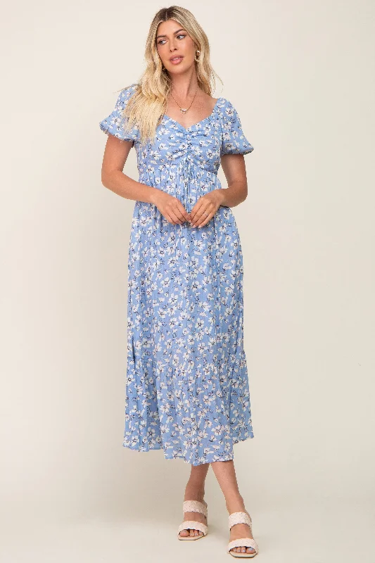 Blue Floral Sweetheart Drawstring Neck Short Sleeve Midi Dress