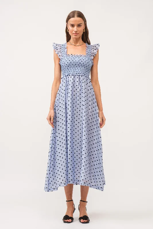 Blue Polka Dot Smocked Midi Dress