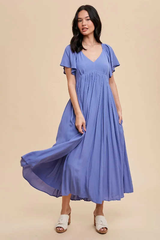 Blue V-Neck Flutter Short Sleeve Midi Dress