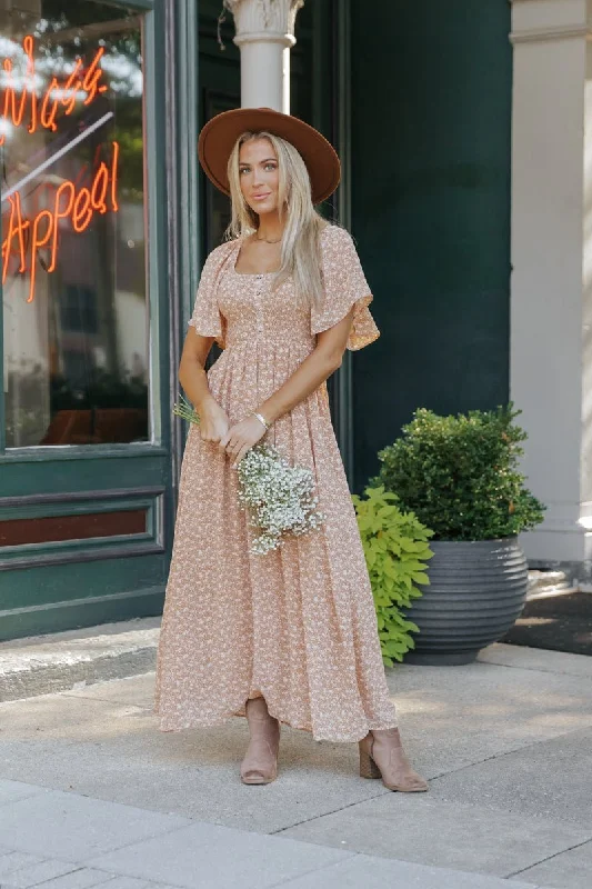 Boho Print Smocked Maxi Dress - Clay Cozy Wrap Maxi Dress
