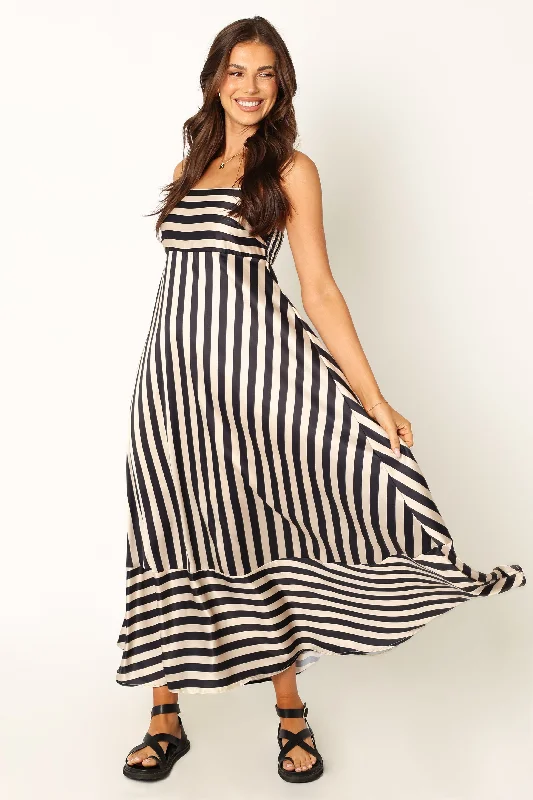 Brea Maxi Dress - Black Stripe Cozy Maxi Dress with Slit