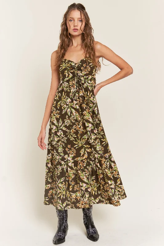 Brown Floral Sleeveless Front Cinched Midi Dress