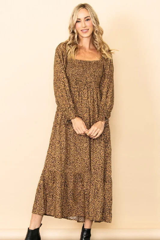 Camel Leopard Print Square Neck Smocked Midi Dress