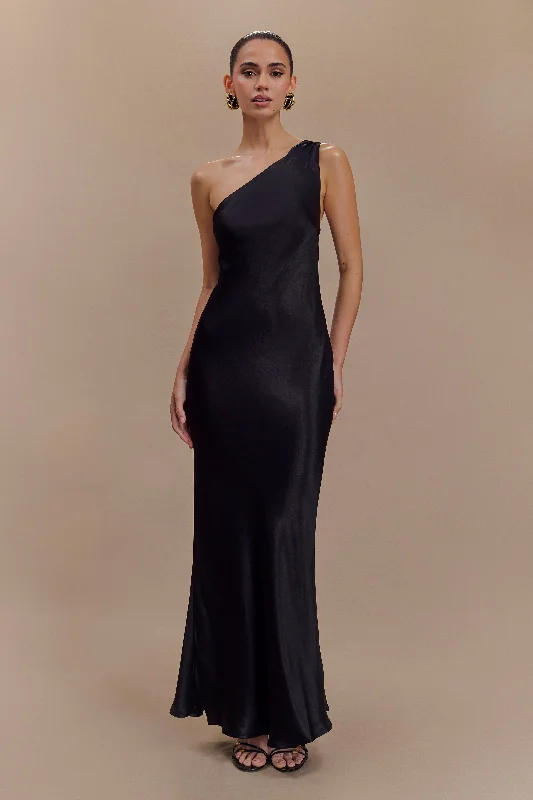 Camille One Shoulder Satin Maxi Dress - Black Elegant Maxi Dress with Belt