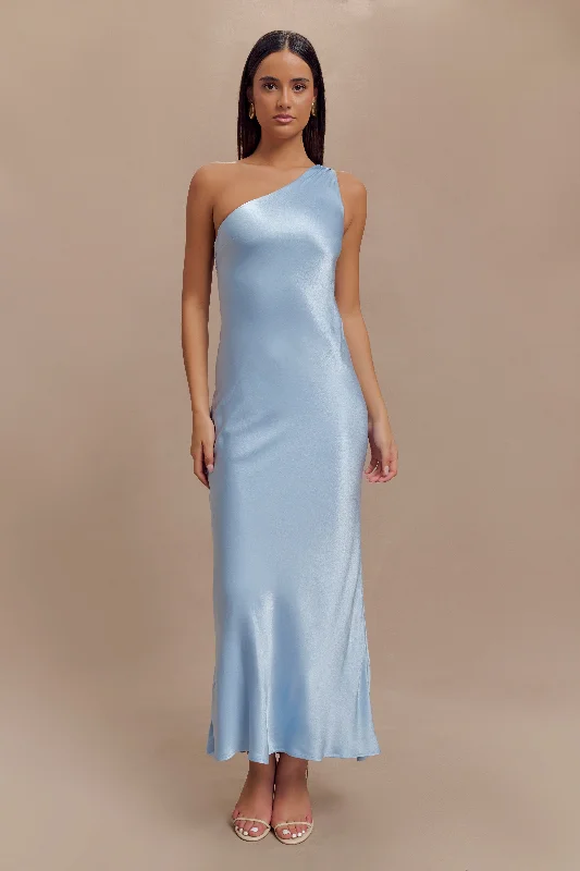 Camille One Shoulder Satin Maxi Dress - Cornflower Blue Chic Summer Maxi Dress
