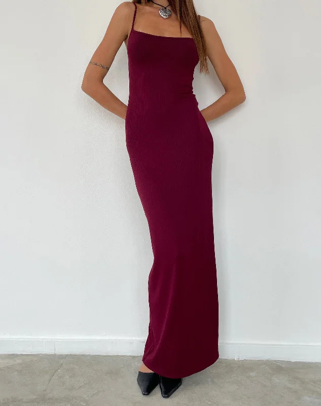 Cantha Maxi Dress in Rib Burgundy Stylish Empire Waist Maxi Dress