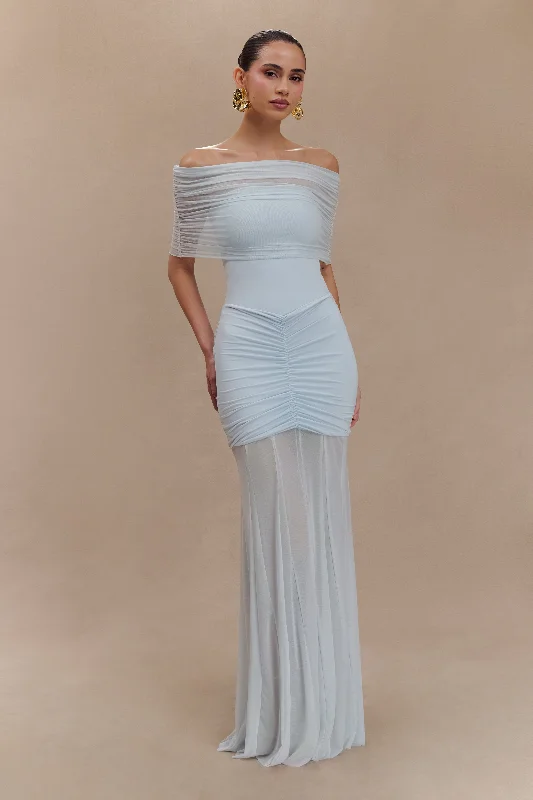 Caspian Slinky And Mesh Off Shoulder Maxi Dress - Pale Blue Elegant Floral Maxi Dress