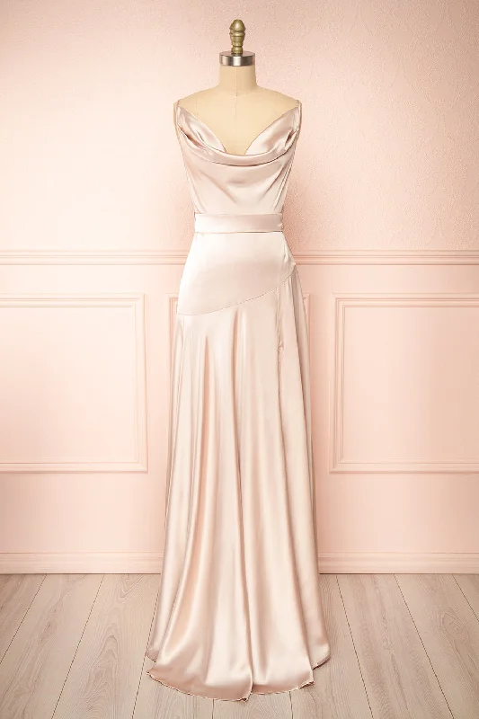 Celestielle | Champagne Cowl Neck Satin Maxi Dress Fashionable Chiffon Tiered Maxi Dress