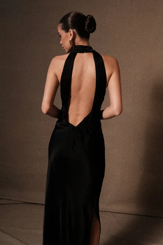 Claire Satin Drape Back Maxi Dress with Split - Black Stylish Pleated A-Line Maxi Dress Claire Satin Drape Back Maxi Dress with Split - Black Stylish Pleated A-Line Maxi Dress