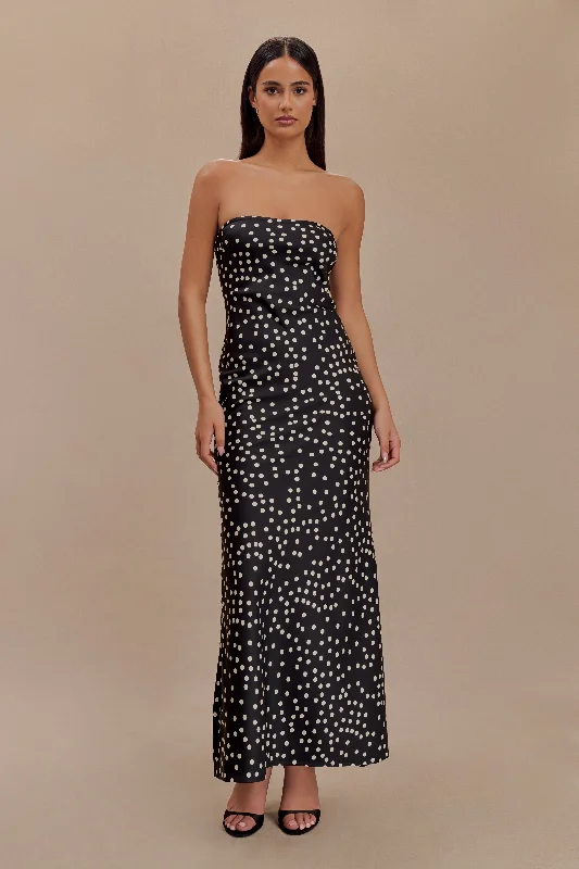 Claudette Strapless Satin Maxi Dress - Black Polka Dot Print Cozy Knitted Maxi Dress Claudette Strapless Satin Maxi Dress - Black Polka Dot Print Cozy Knitted Maxi Dress