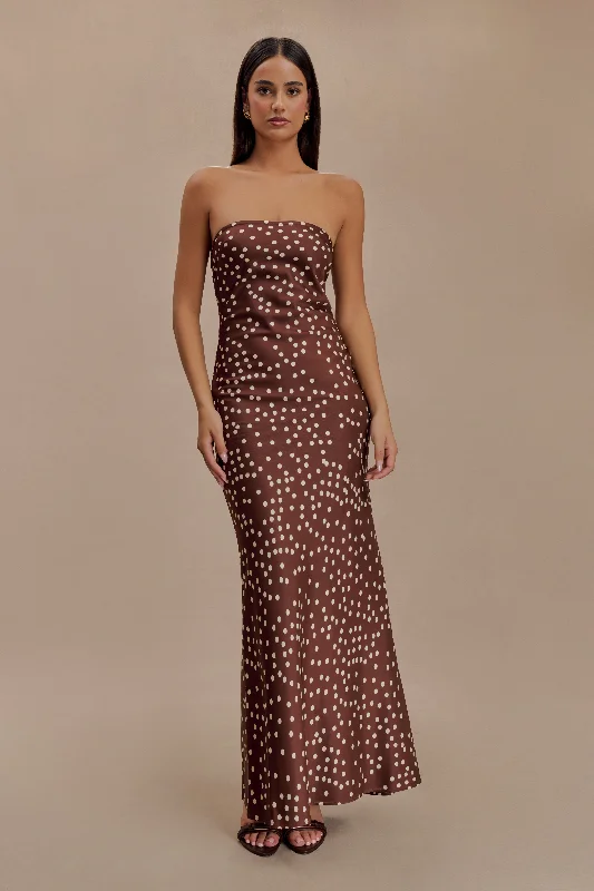 Claudette Strapless Satin Maxi Dress - Brown Polka Dot Print Chic Off-Shoulder Maxi Dress Claudette Strapless Satin Maxi Dress - Brown Polka Dot Print Chic Off-Shoulder Maxi Dress