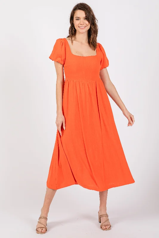 Coral Puff Sleeve Linen Midi Dress