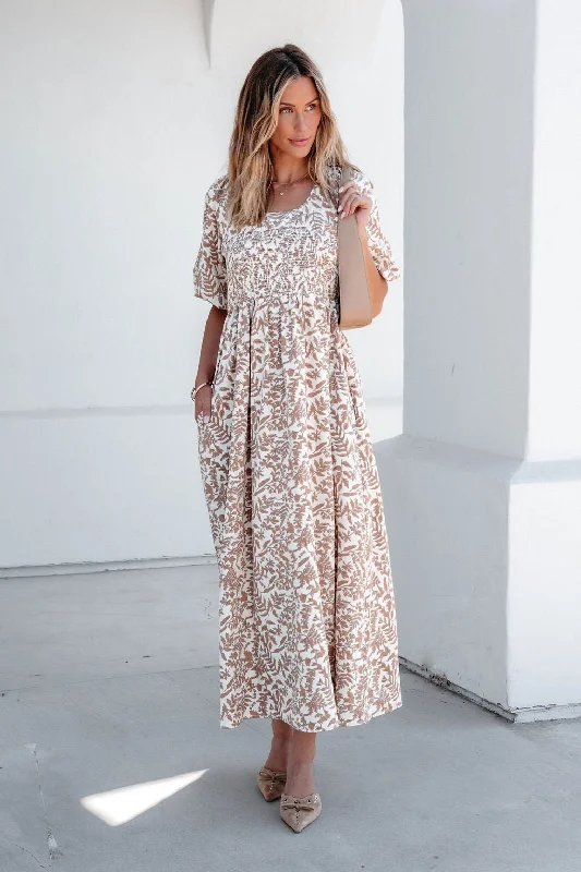 Cream Print Smocked Maxi Dress Elegant Lace Maxi Dress