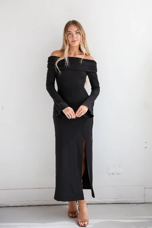 Decadent Evening Black Knit Off-The-Shoulder Maxi Dress Elegant Sleeveless Maxi Dress