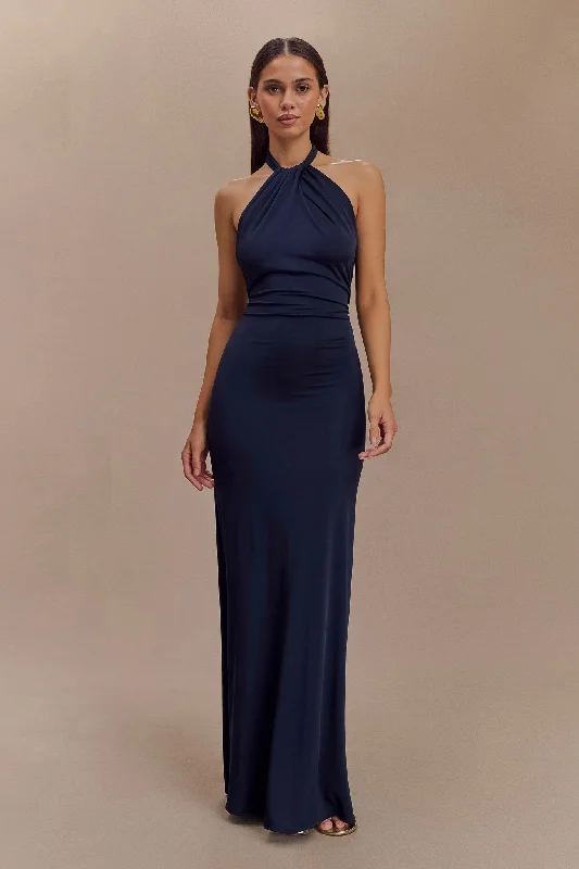 Elyna Slinky Halter Maxi Dress - Navy Trendy Maxi Dress with Bow