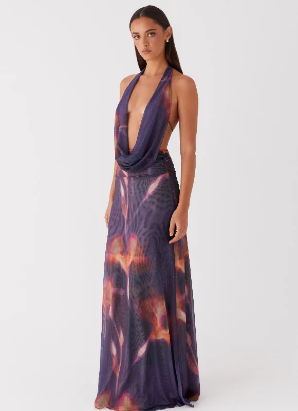 Elysia Mesh Maxi Dress - Midnight Bloom Stylish One-Shoulder Maxi Dress