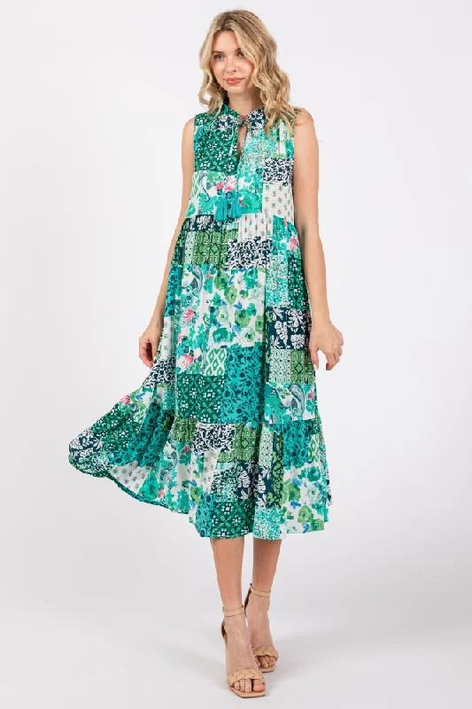 Emerald Green Floral Paisley Tassel Tie Ruffle Hem Midi Dress