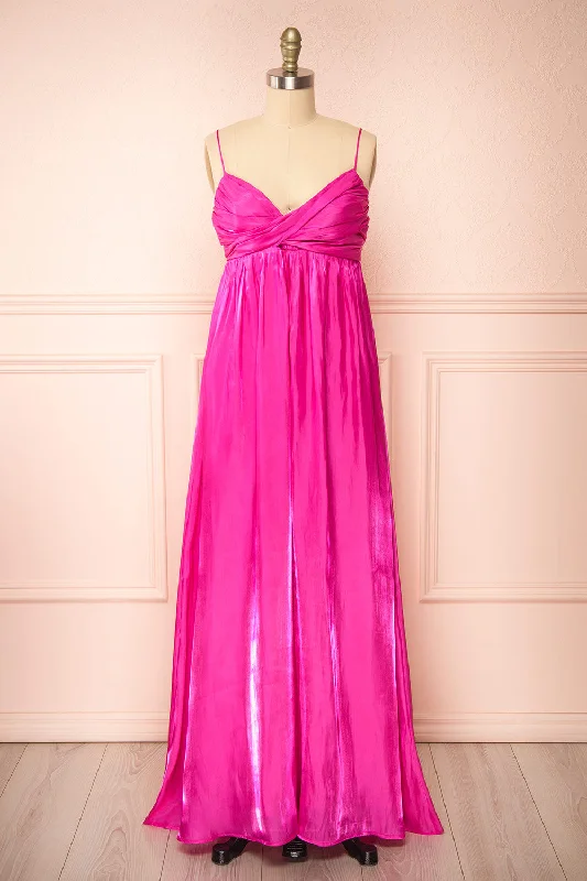 Eowyn | Silky Pleated Fuchsia Maxi Dress Fashionable Sheer Maxi Dress