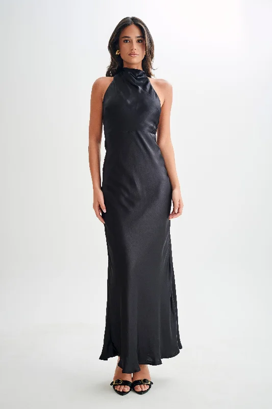 Esther Iridescent Satin Cowl Maxi Dress - Black Chic Sleeveless Maxi Dress