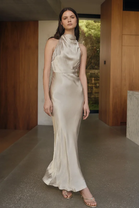 Esther Iridescent Satin Cowl Maxi Dress - Gold Trendy Ruffled Maxi Dress