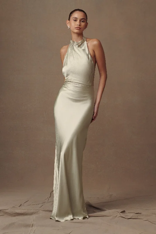 Esther Iridescent Satin Cowl Maxi Dress - Sage Comfortable Maxi Dress with Slits