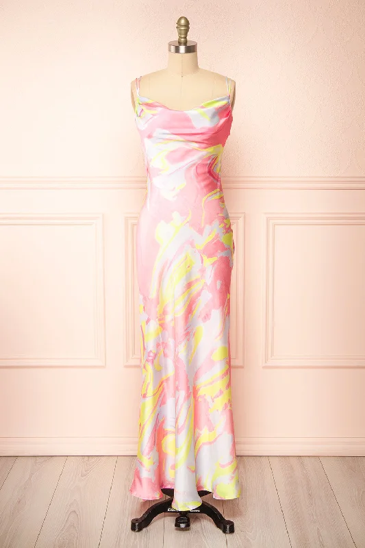 Eulaly | Satin Maxi Dress w/ Colorful Marbled Motif Comfortable Fitted Maxi Dress