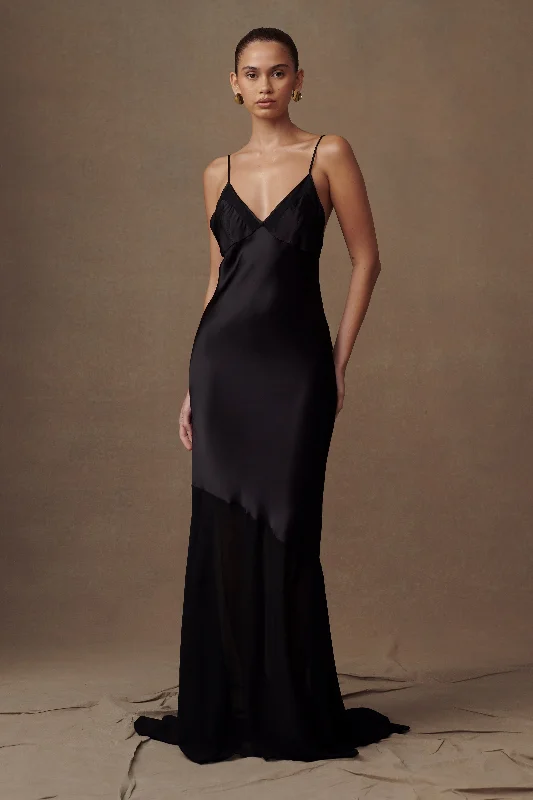 Evelyn Iridescent Satin Maxi Dress - Black Cozy Spaghetti Strap Maxi Dress