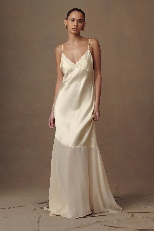 Evelyn Iridescent Satin Maxi Dress - Lemon Sorbet Comfortable Bohemian Maxi Dress