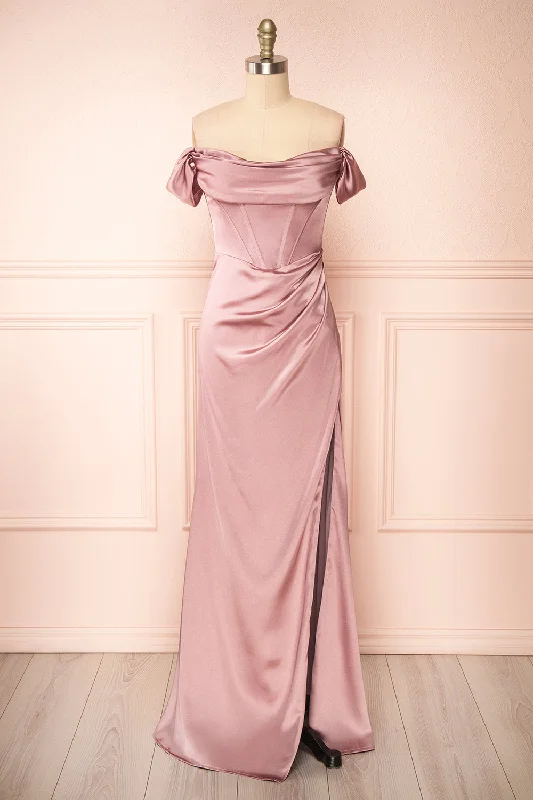 Evolet Mauve | Off-Shoulder Corset Maxi Dress Comfortable Cotton Maxi Dress