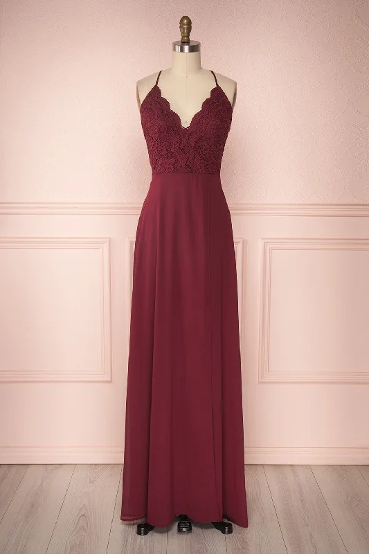 Fabia Burgundy | Lace & Chiffon Maxi Dress Fashionable Asymmetrical Maxi Dress