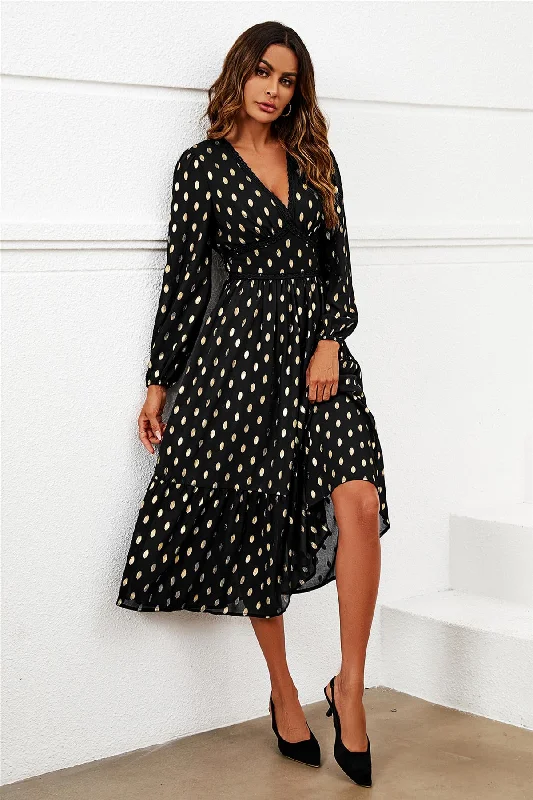 FS Collection Lace Trim Foil Long Sleeve Maxi Dress In Black Fashionable Layered Maxi Dress
