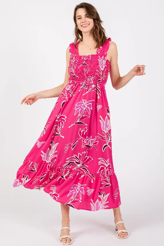 Fuchsia Floral Smocked Midi Dress