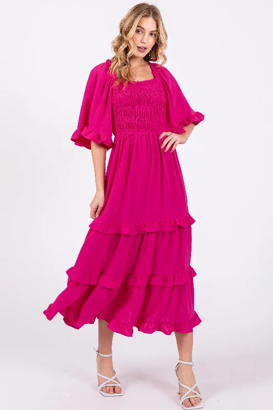 Fuchsia Smocked Ruffle Tiered Midi Dress