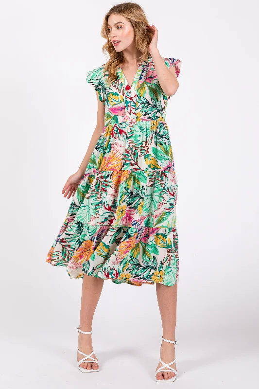 Green Floral Flutter Sleeve Tiered Midi Dress