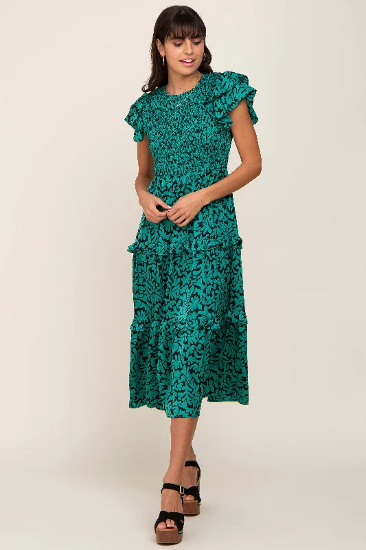 Green Print Smocked Ruffle Tiered Midi Dress